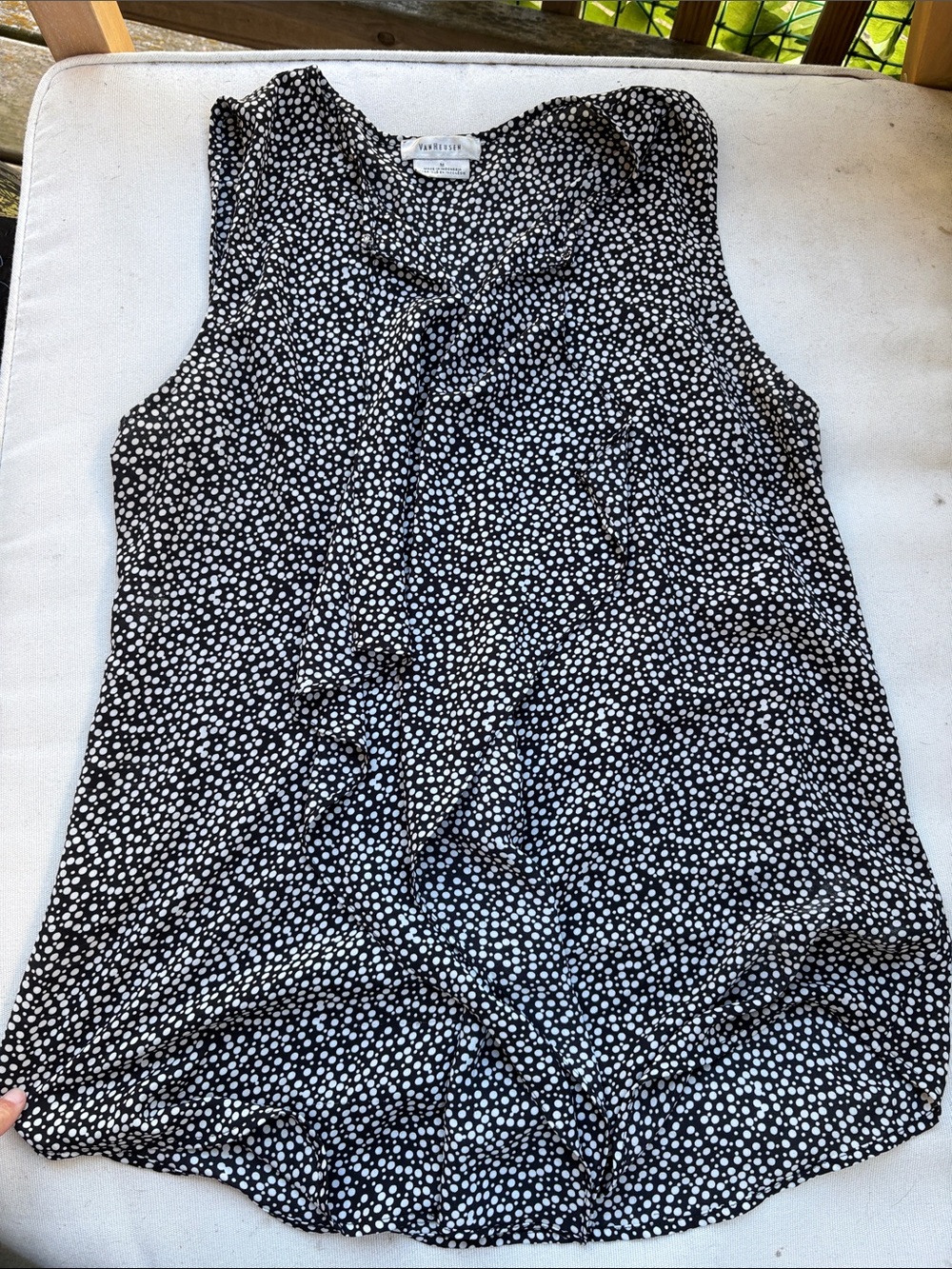 Van Heusen Black and White Polka Dot Tie-Neck Sleeveless Blouse